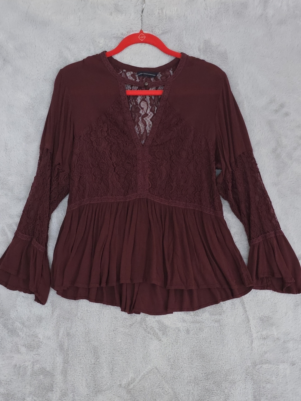 American Eagle Burgundy Lace Bell Sleeve Peplum Boho Top